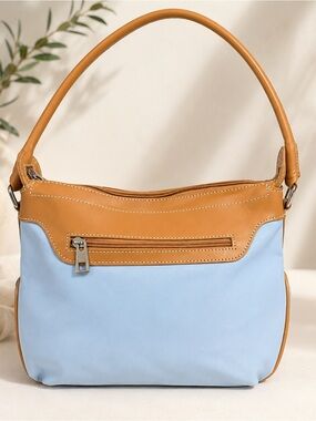 Talbots Light Blue and Tan Leather-Trim Shoulder Bag